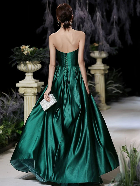 Green Satin and Tulle Strapless A-line Party Dress, Chic Green Long Prom Dress Evening Dress